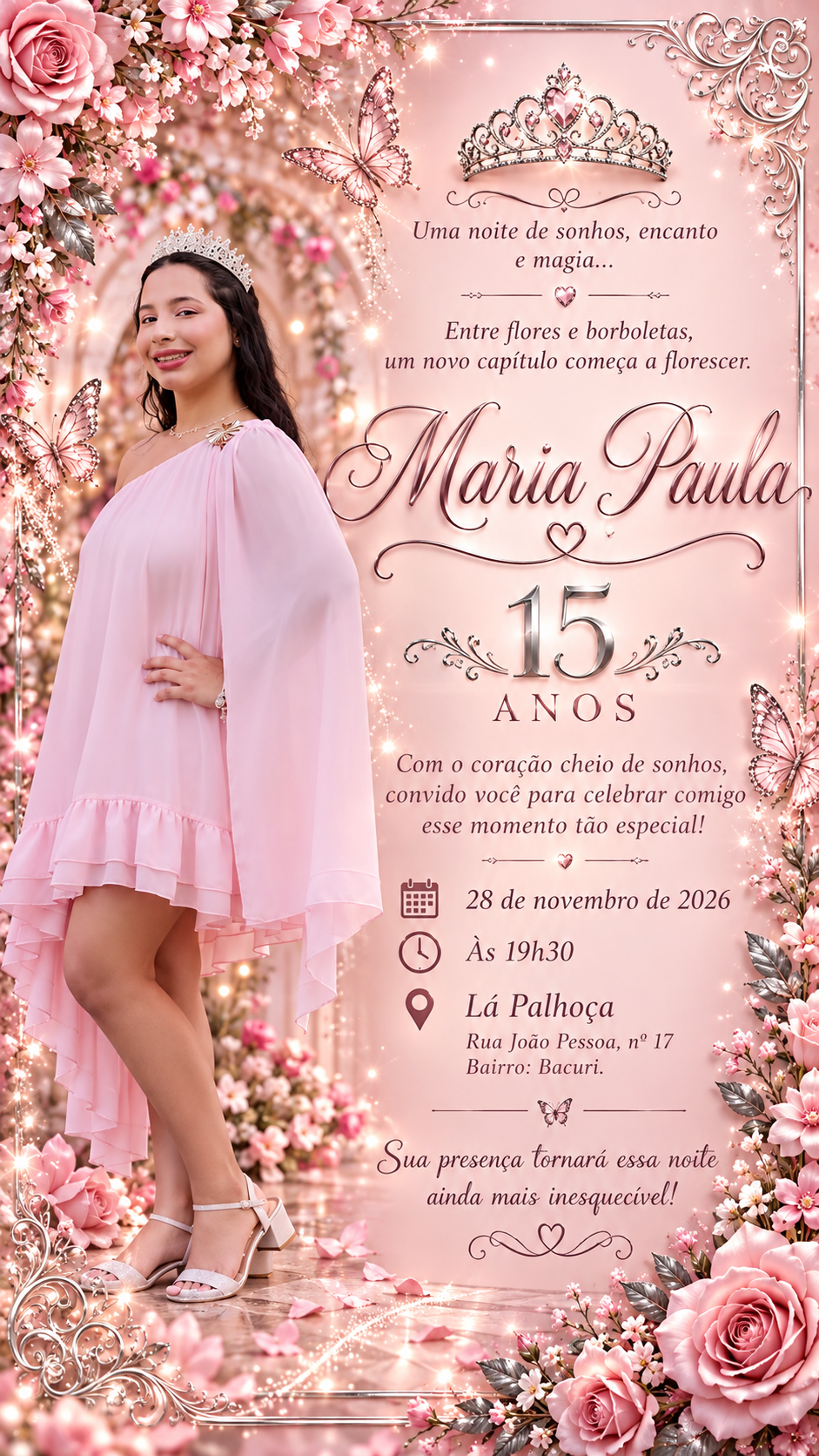 Convite de 15 anos de Maria Paula. 28 de novembro de 2026, às 19h30, Lá Palhoça, Rua João Pessoa, número 17, bairro Bacuri.